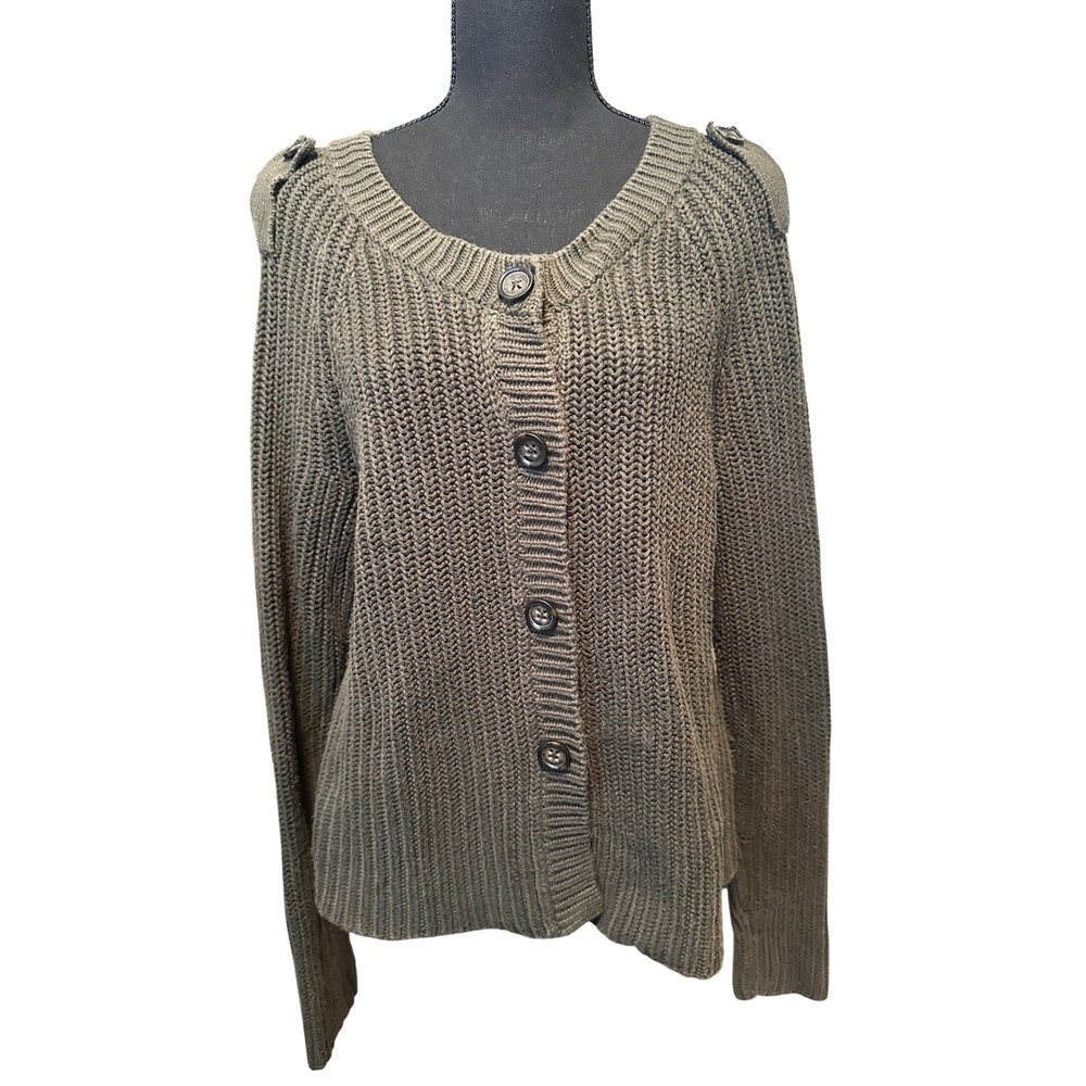 Banana Republic Dark Olive Green Cotton  Knit Epaulette Cardigan M Cabincore